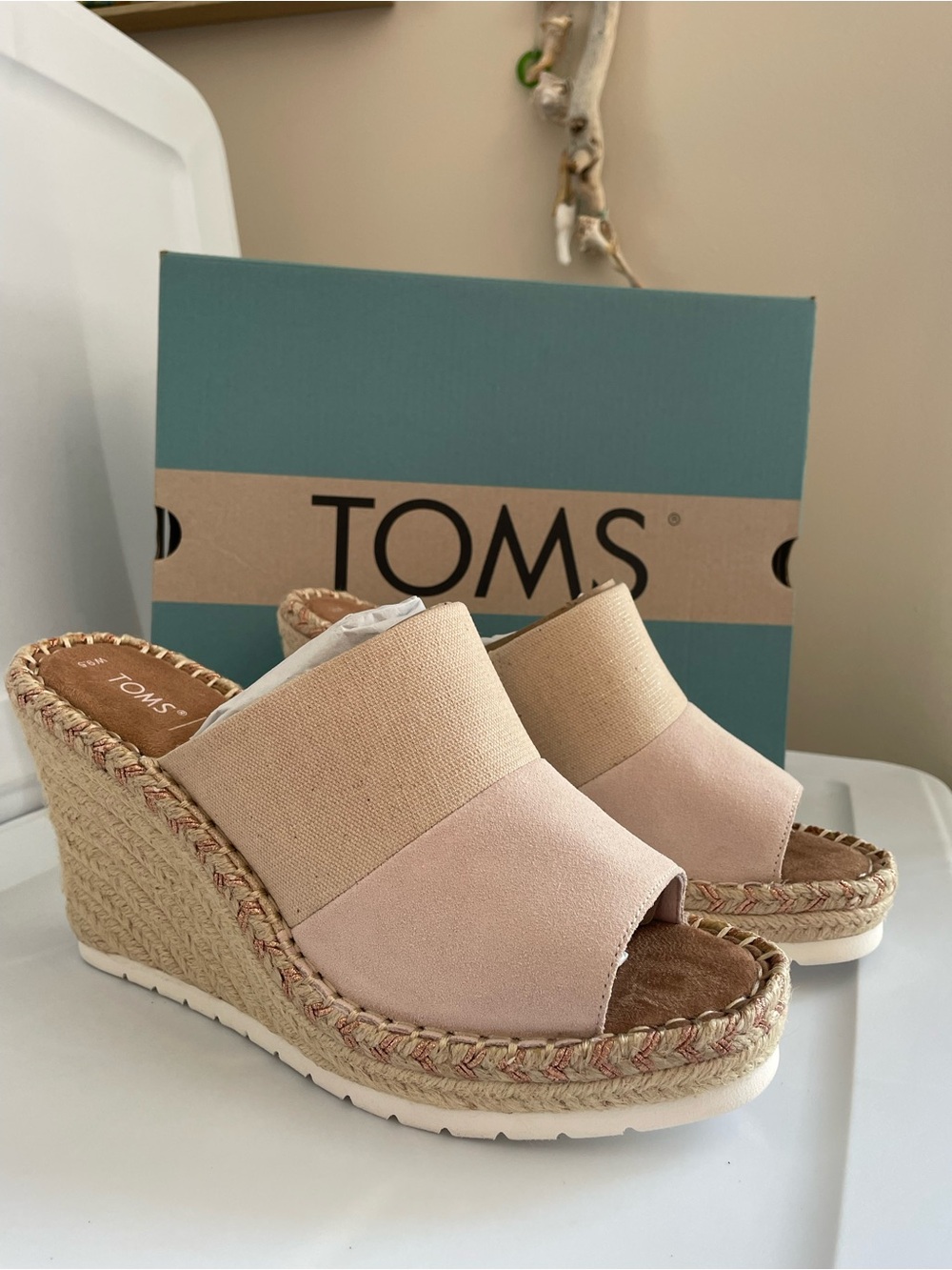 TOMS Blush Pink Canvas Espadrille Wedge Slides Monica Mule NEW in BOX